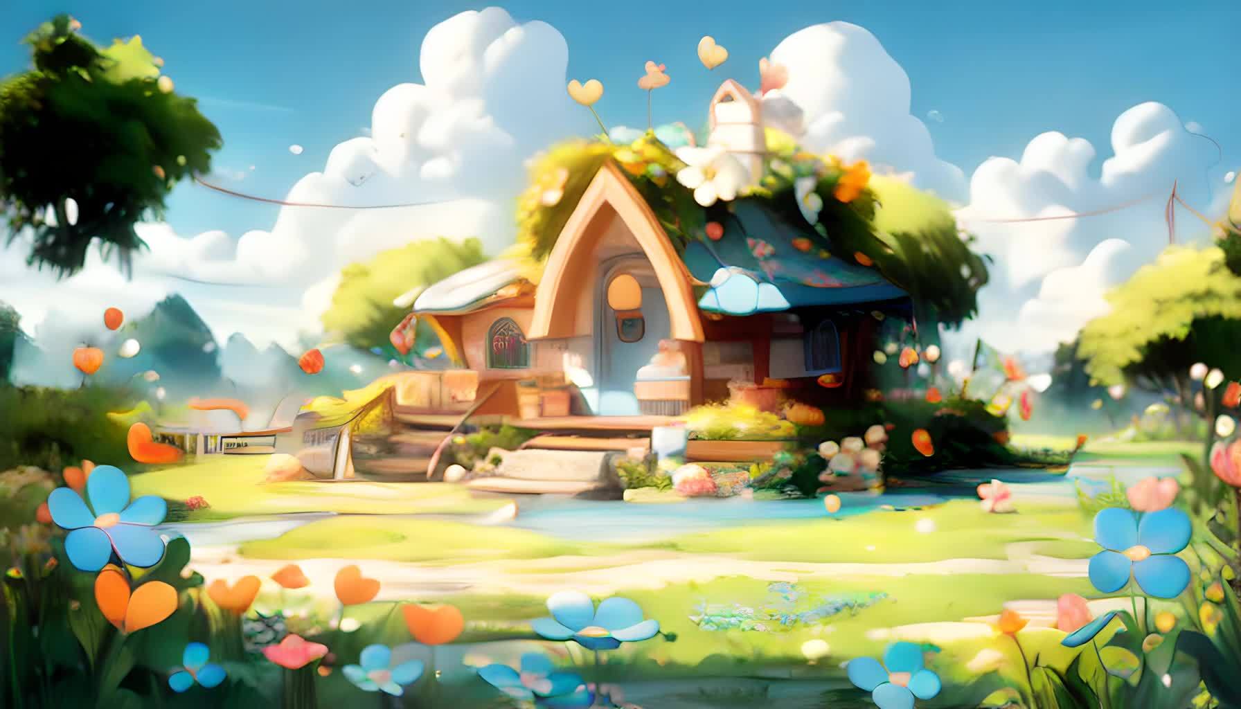森林里开满了鲜花一个卡通可爱的小屋里面长满了花草数字艺术屋视频的预览图
