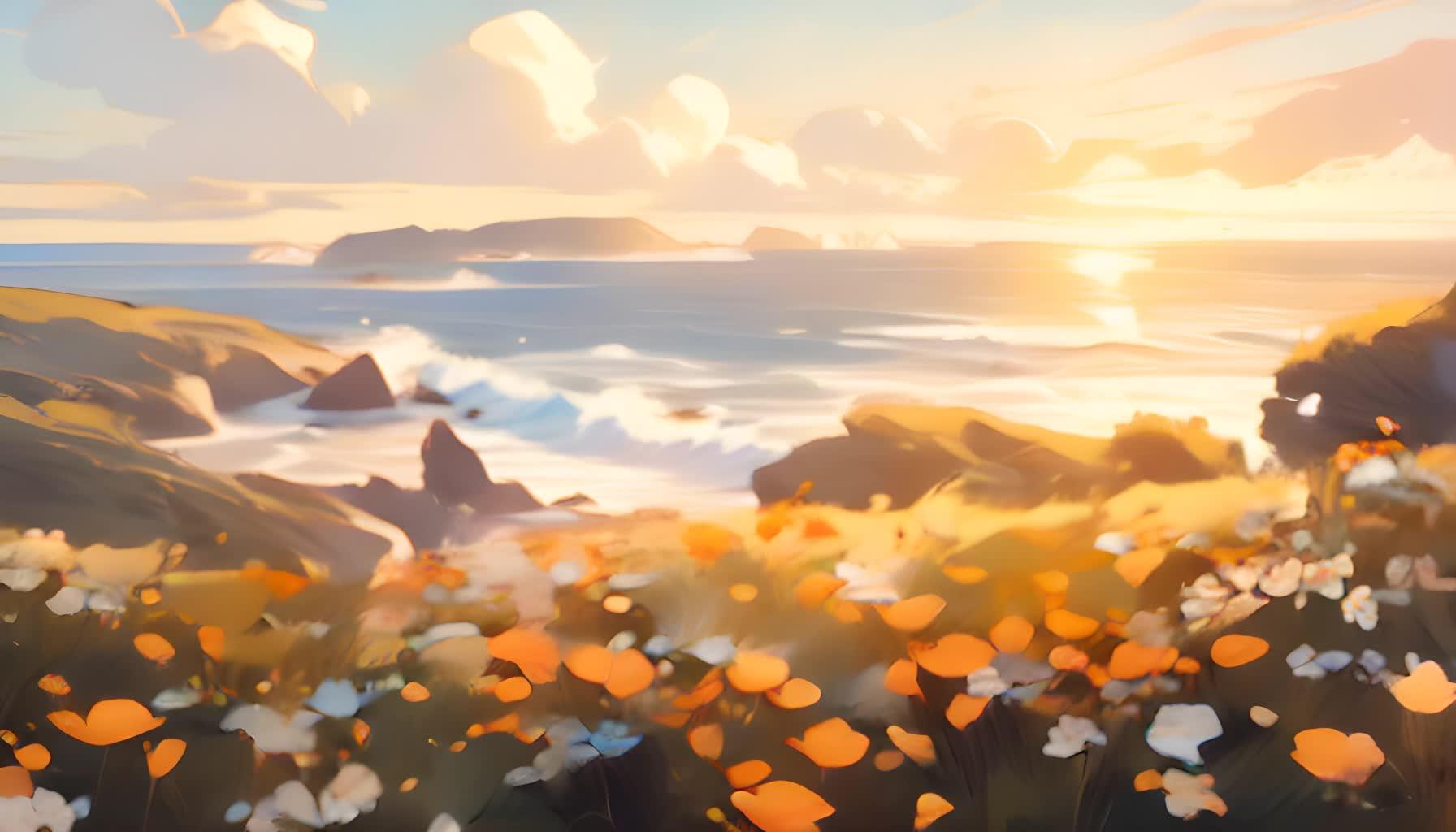 海边开满鲜花的山坡映衬着美丽的夕阳卡通风景视频的预览图