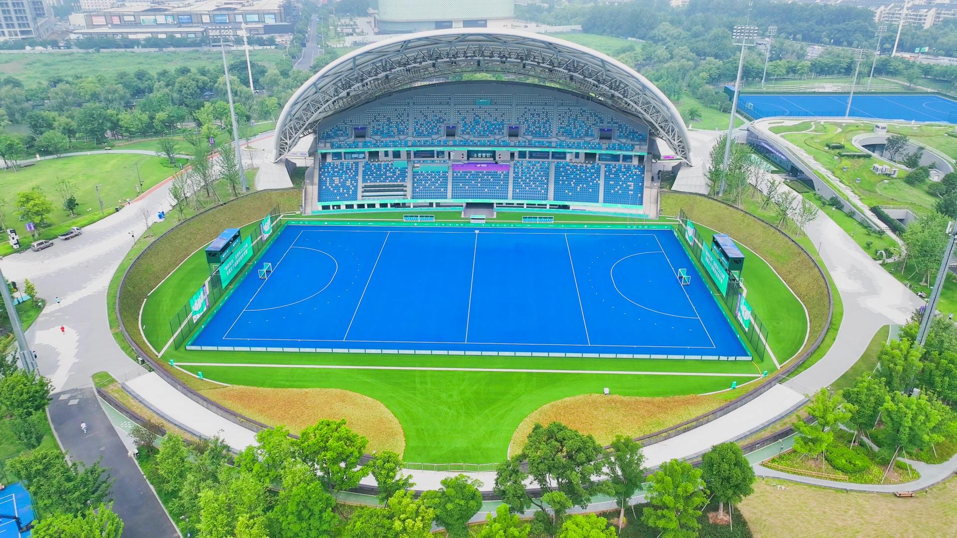 杭州地标亚运会曲棍球比赛场馆拱墅运河体育场馆视频的预览图