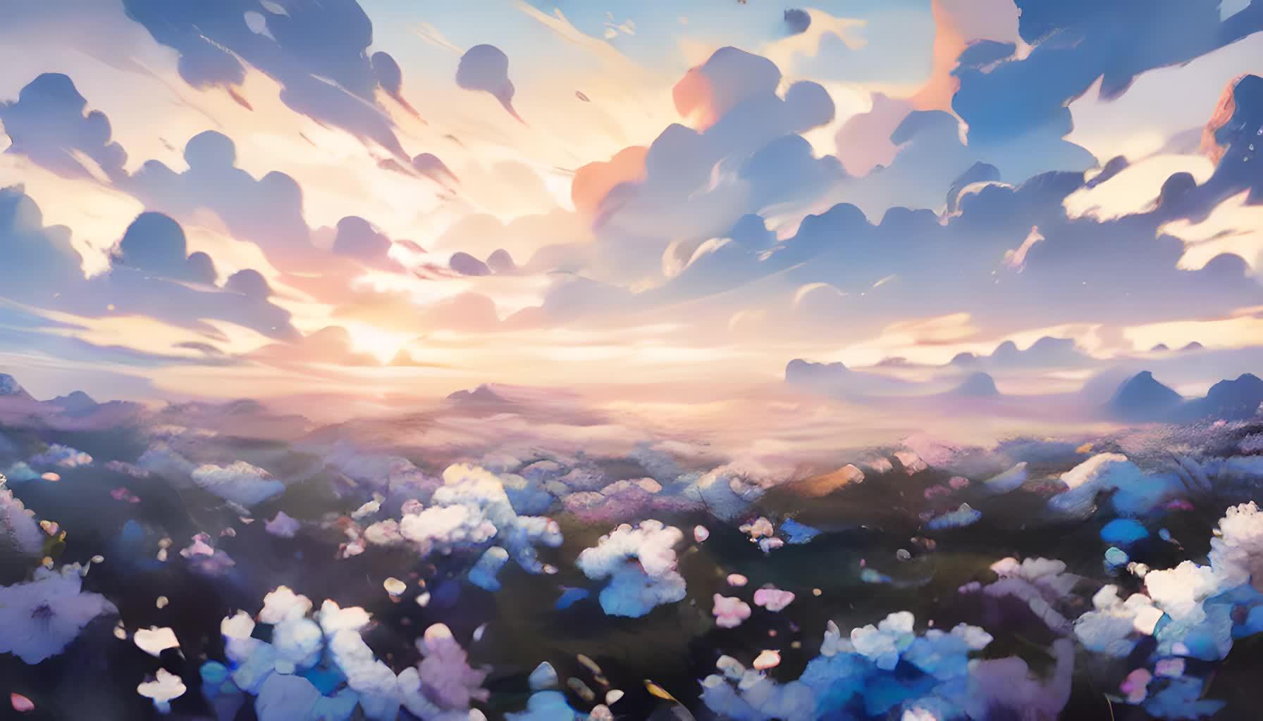 夕阳下美丽一望无际的花海小清新卡通风景视频的预览图