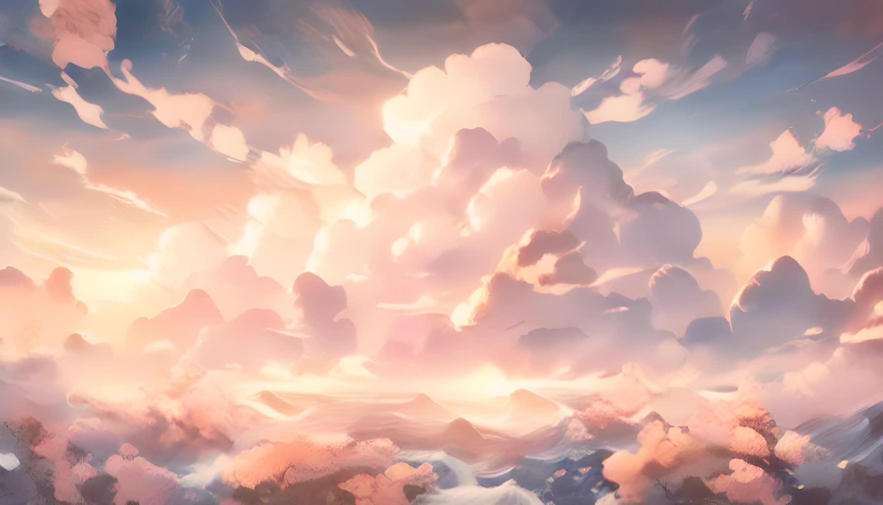 高高的云朵下汹涌澎湃的大海上飘着几朵美丽的花朵漫画风景视频的预览图