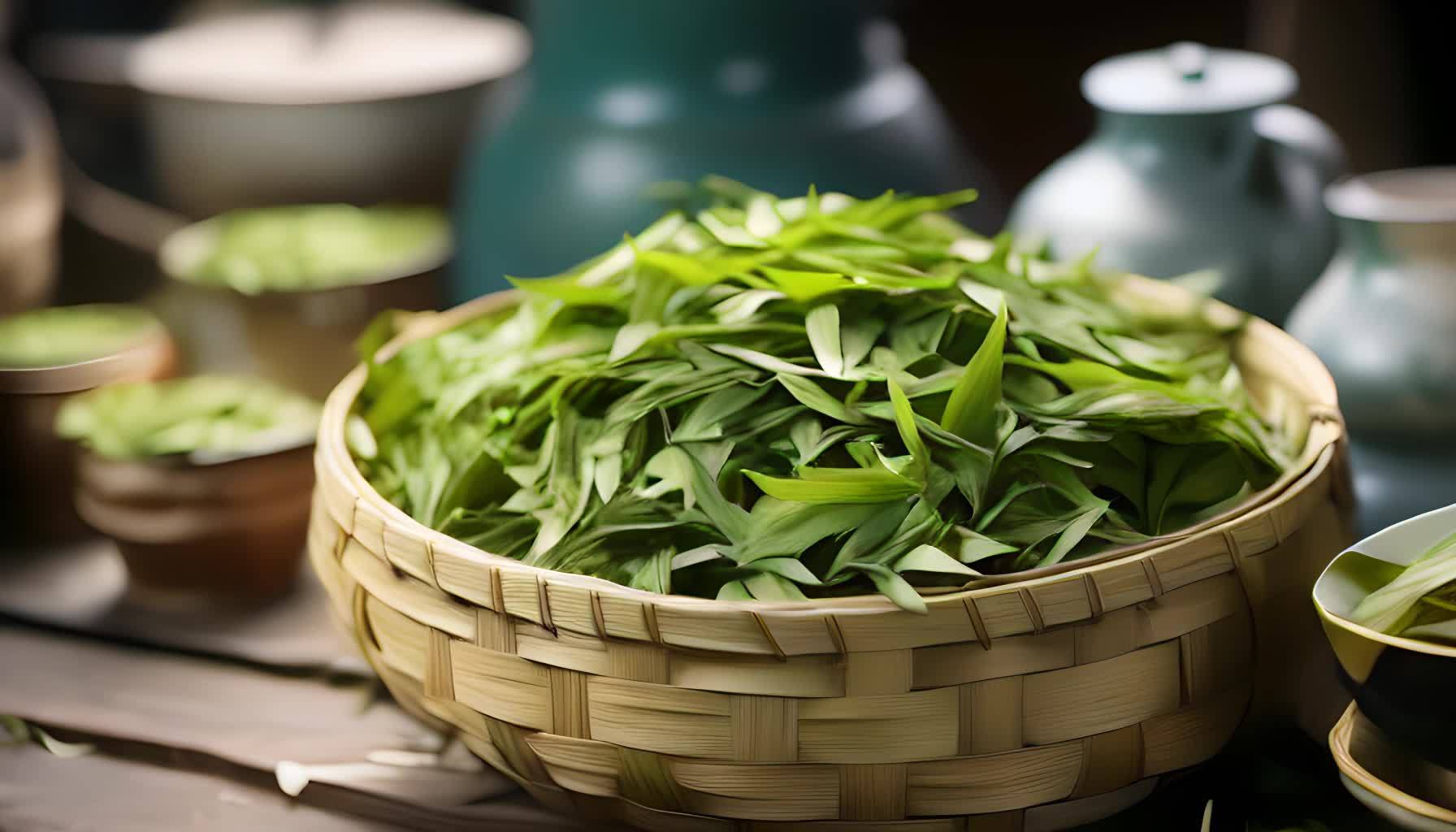 新鲜的绿茶在竹篮里视频的预览图