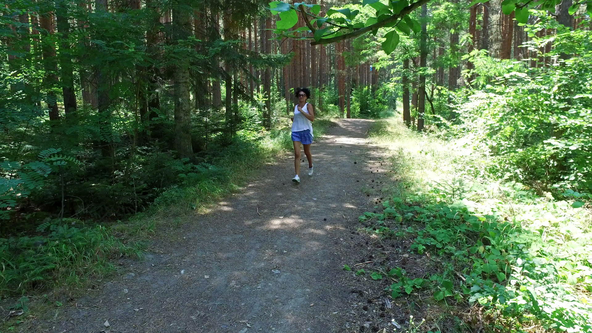 女性在林林区跑步进行性感体育训练和锻炼4k起重机稳定视频的预览图