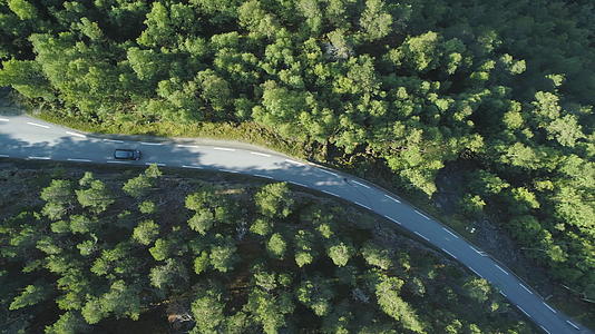 夏天白色汽车在挪威绿色森林的乡村道路上垂直行驶视频的预览图