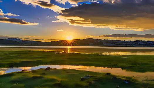 内蒙古一望无际的草原日落视频的预览图