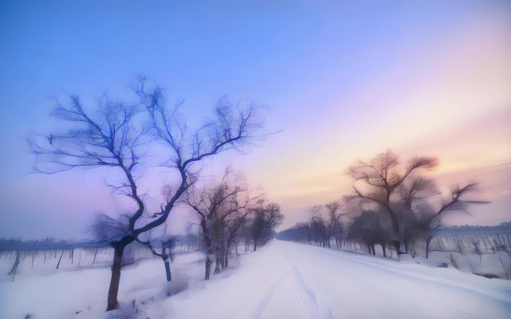 冬天枯树雪晚霞视频的预览图