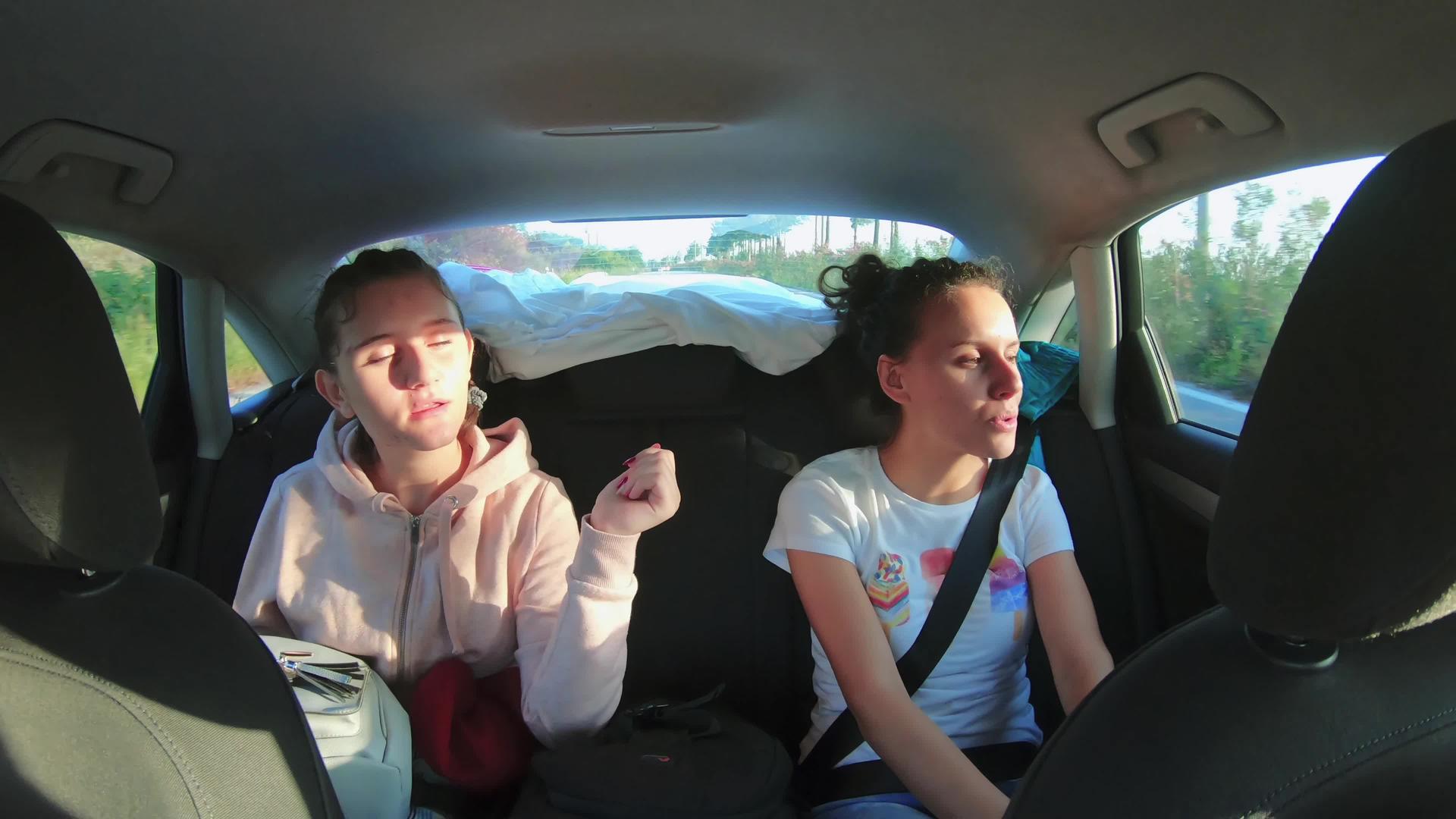 两姐妹在汽车后座跳舞唱歌校对Portnoy视频的预览图
