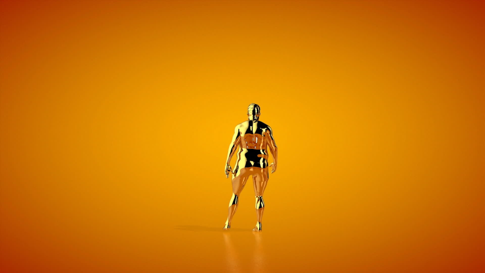 金色的胖金人变成了肌肉发达的相机旋转橙色工作室视频的预览图