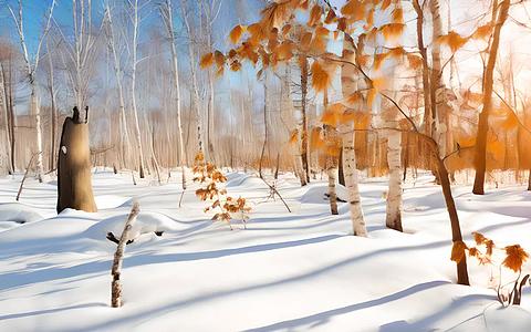 冬日暖阳雪地上的白桦林红叶视频的预览图