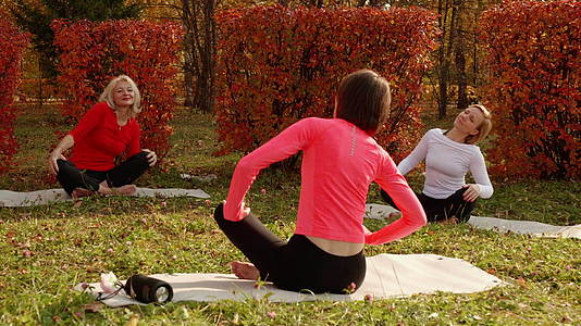 女性瑜伽女性在秋天的森林瑜伽地毯上冥想通过冥想音乐视频的预览图