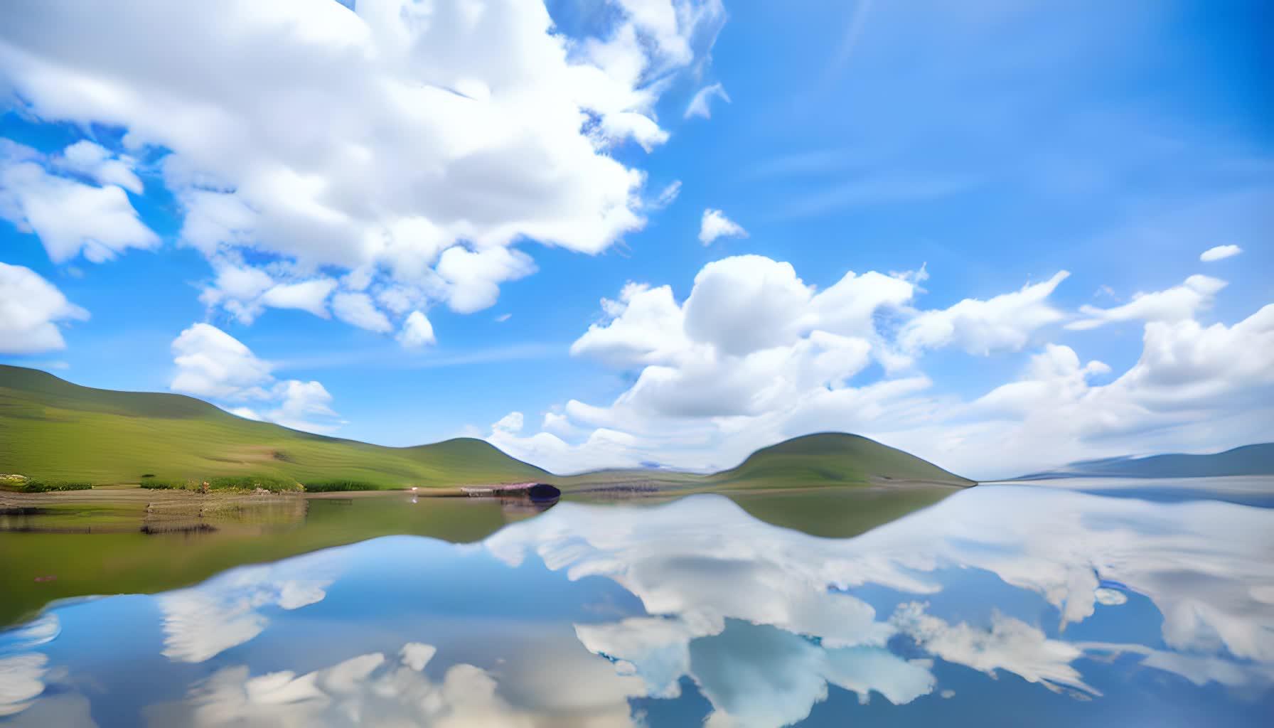 泸沽湖蓝天白云山水倒影美景倒影视频的预览图