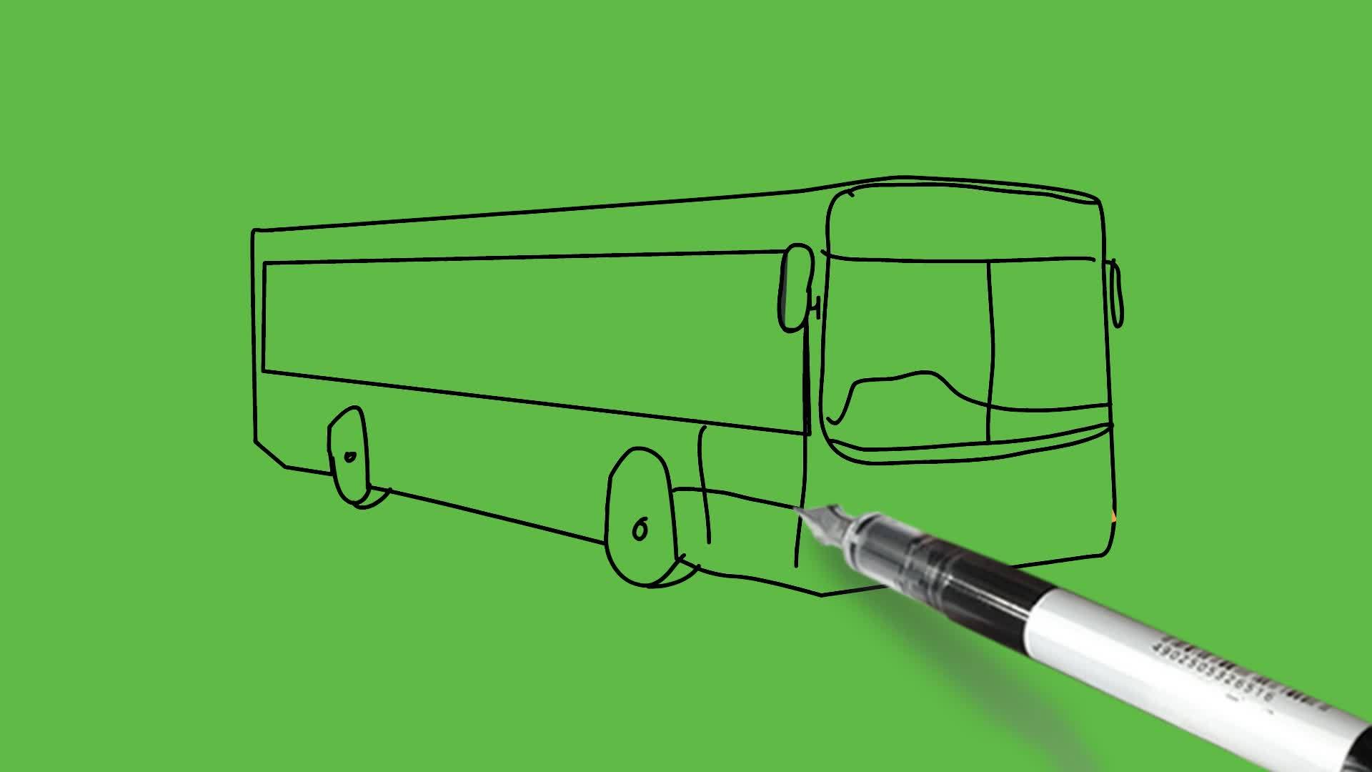 在抽象的绿色背景上画出黑色和彩色的公交车前视图视频的预览图