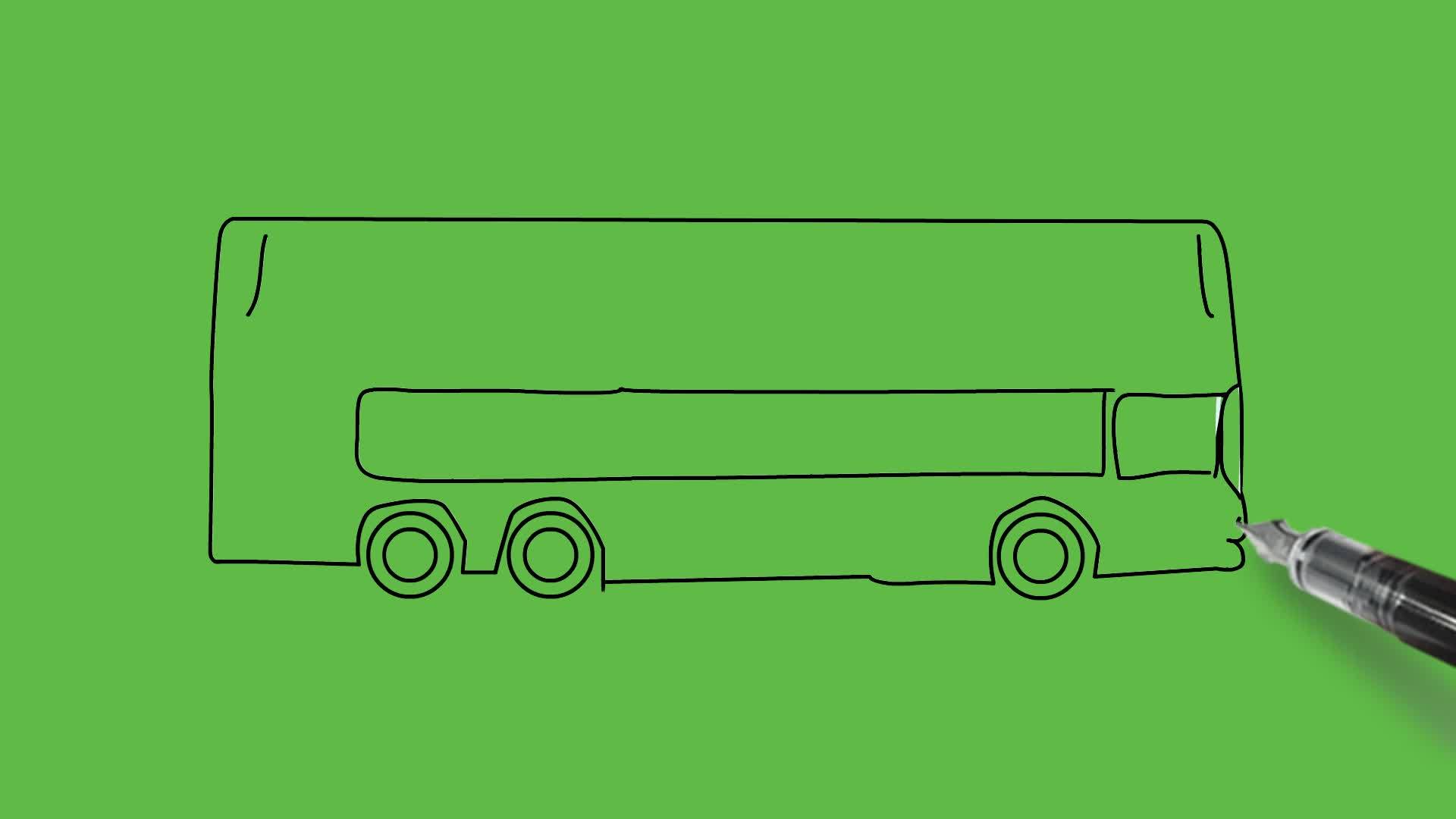 在抽象的绿色背景上画出黑色和颜色的公交侧视图视频的预览图