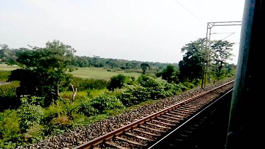 印度铁路在铁路轨道上运行穿过绿色和郁郁葱葱的公共汽车视频的预览图