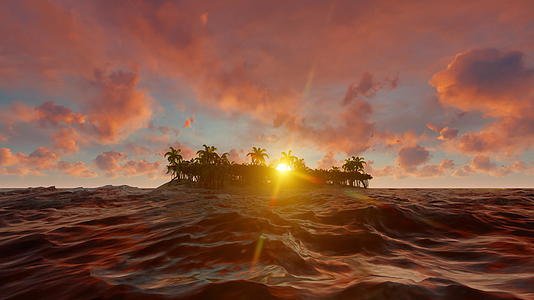 日出时海岛上的小岛上有棕榈树视频的预览图