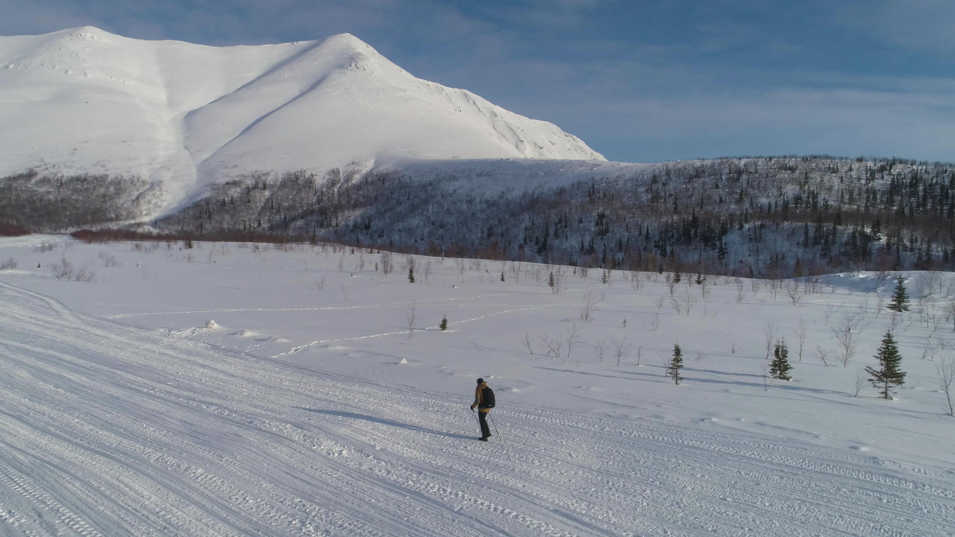 在一个阳光明媚的冬天男子在山上徒步旅行用登山杖鸟瞰无人机视频的预览图