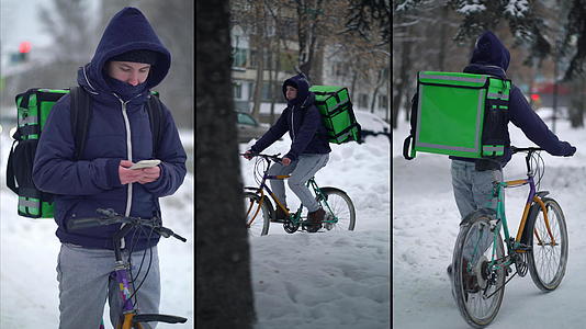 冬天邮递员送来带背包的食物视频的预览图