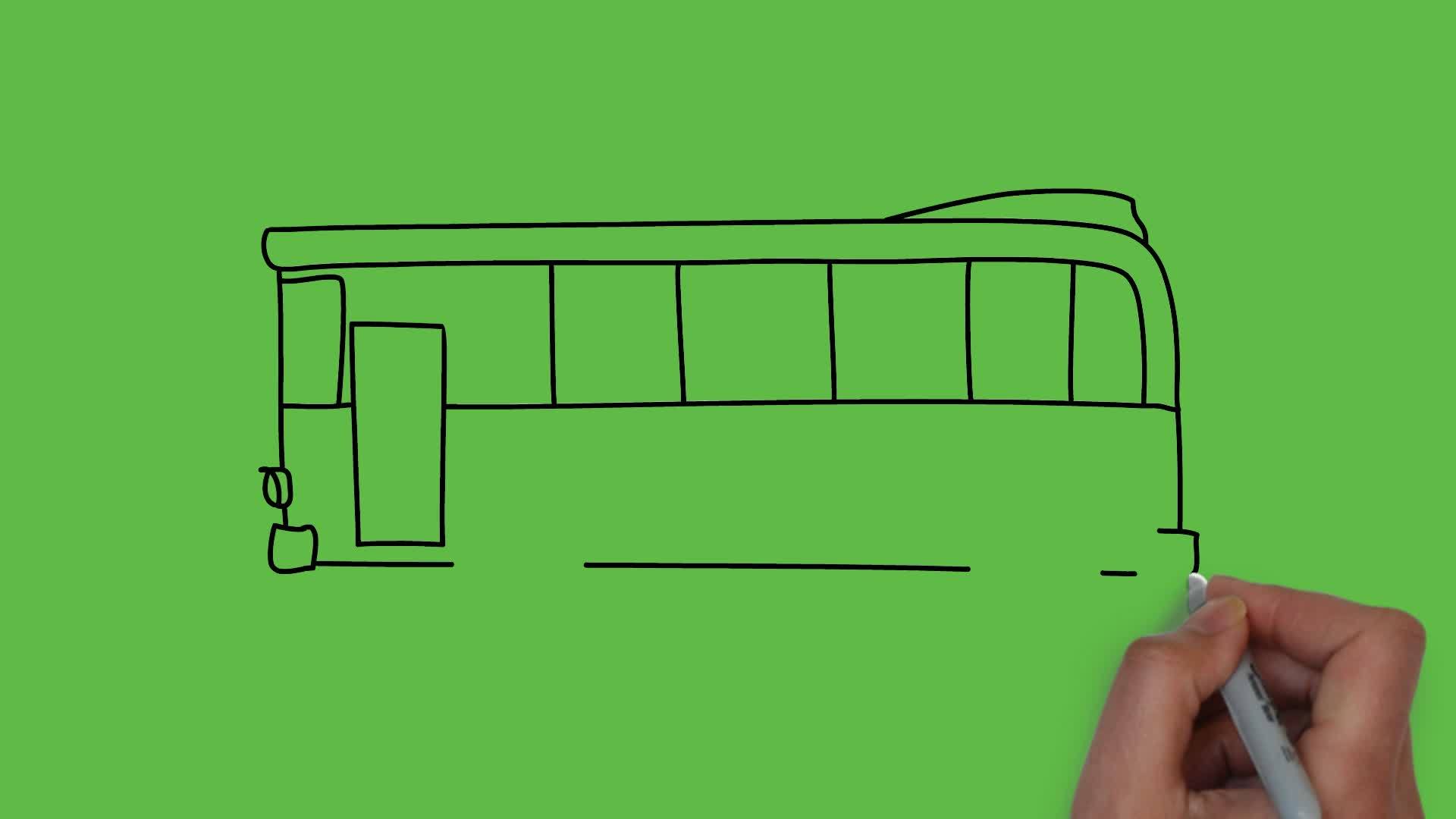 在抽象的绿色背景下绘制黑色和彩色组合的公交车图纸B视频的预览图