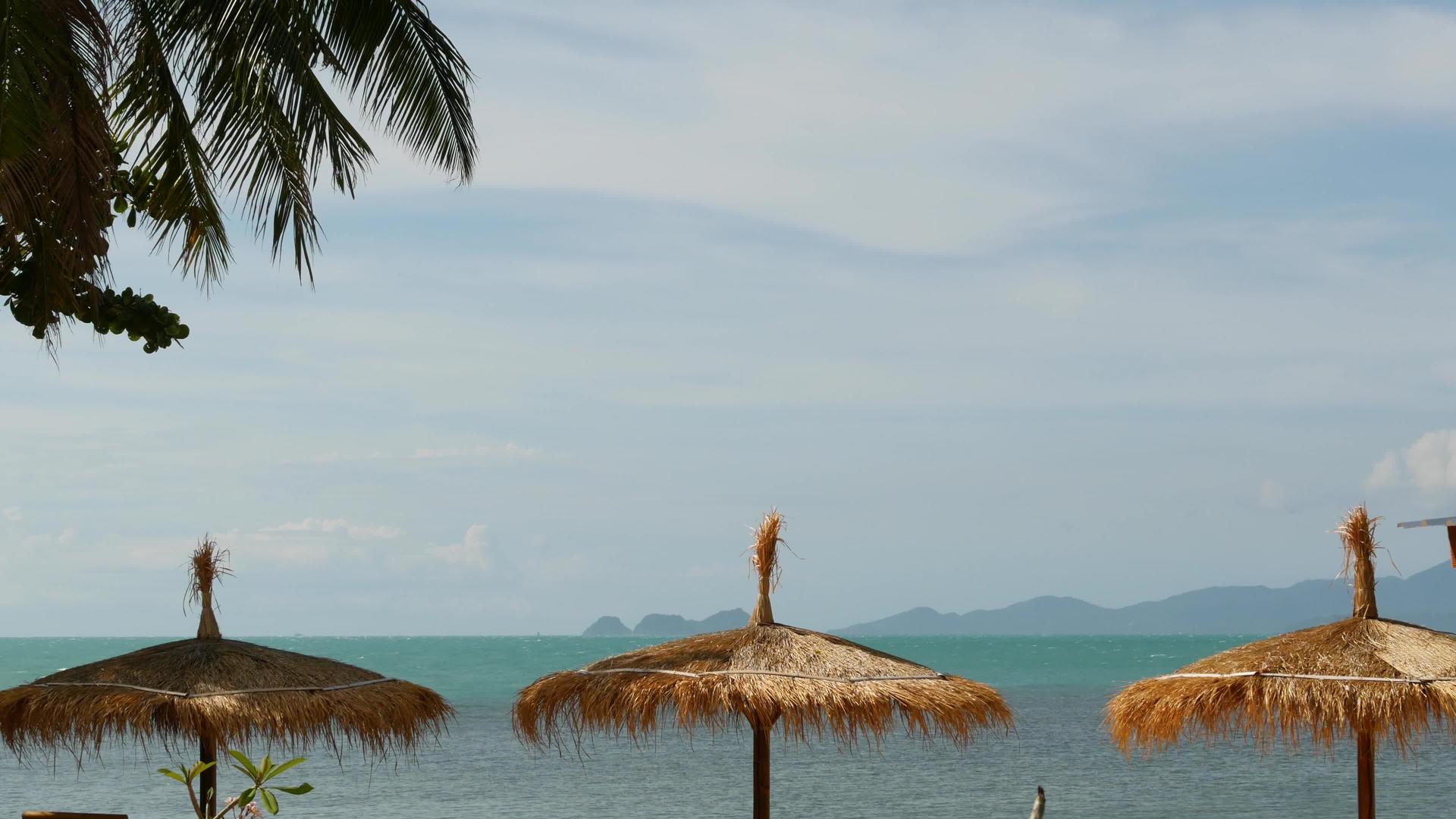 从稻草和棕榈树的太阳伞在海洋和天空的背景视频的预览图