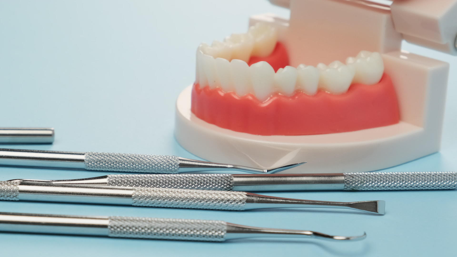 口腔医生使用带有白色牙齿的下颌塑料模型和各种牙科器械视频的预览图