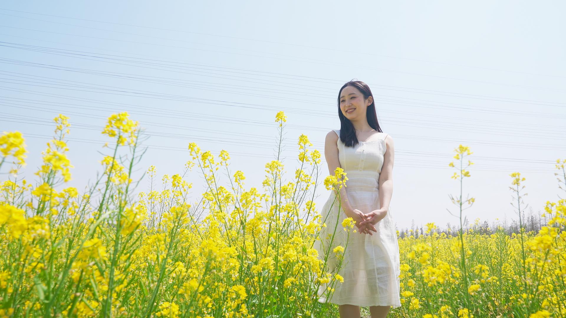 长裙女子在油菜花田里视频的预览图