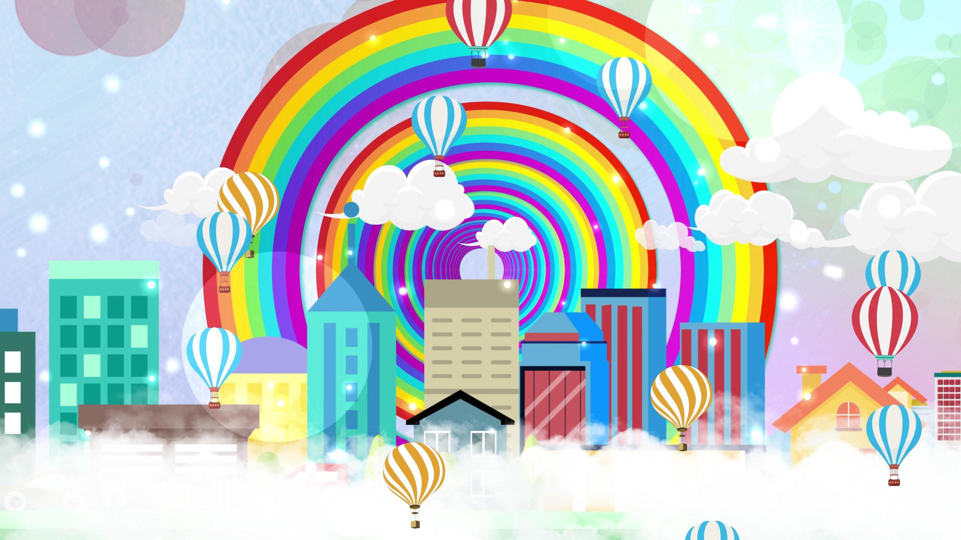 4K唯美时尚彩虹隧道卡通城市动态背景视频视频的预览图