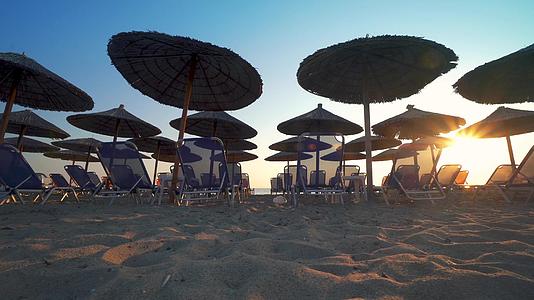 带棕榈树的海滩休息室和太阳伞视频的预览图