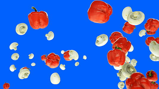 红辣椒和蘑菇在蓝色屏幕上缓慢飞动视频的预览图