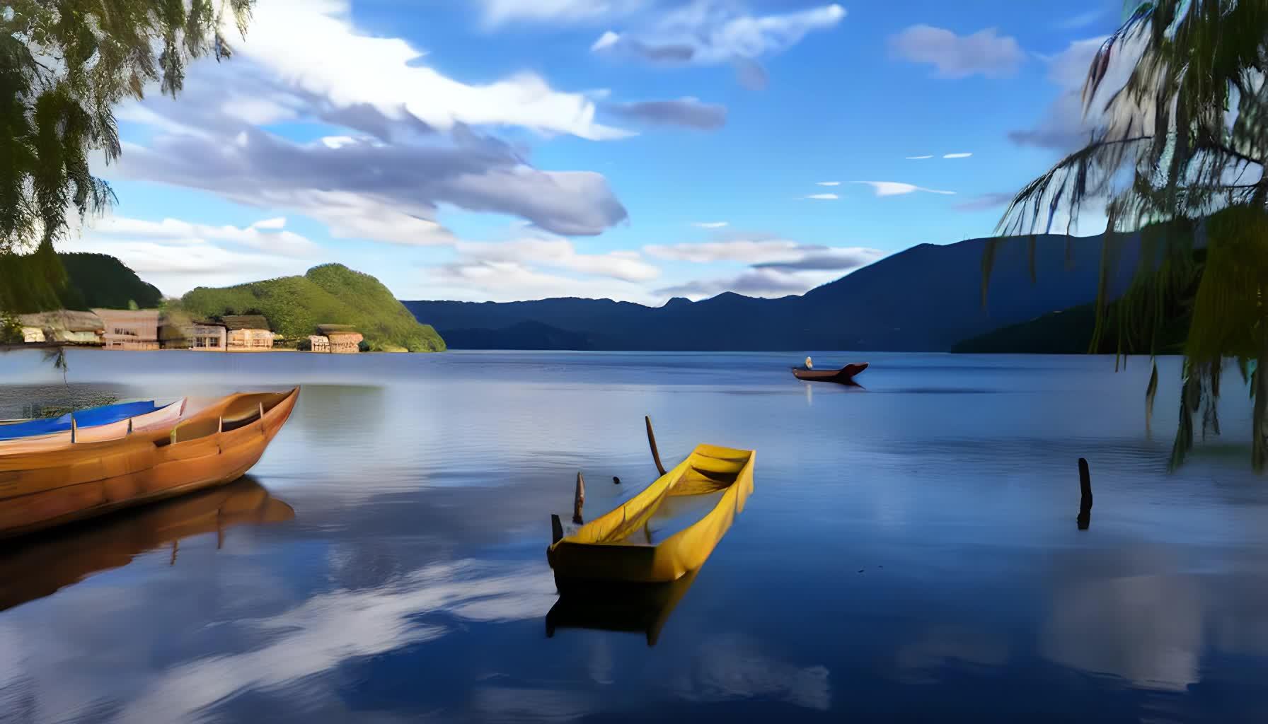 一幅安静的云南泸沽湖水墨画视频的预览图