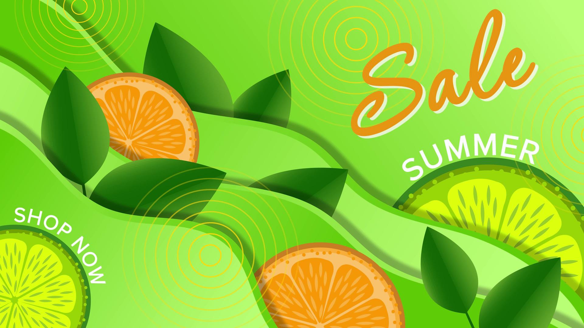 夏季销售带有柠檬和绿色背景叶子的平板动画视频的预览图