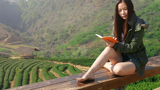 亚洲女性在茶园看书放松身心视频的预览图