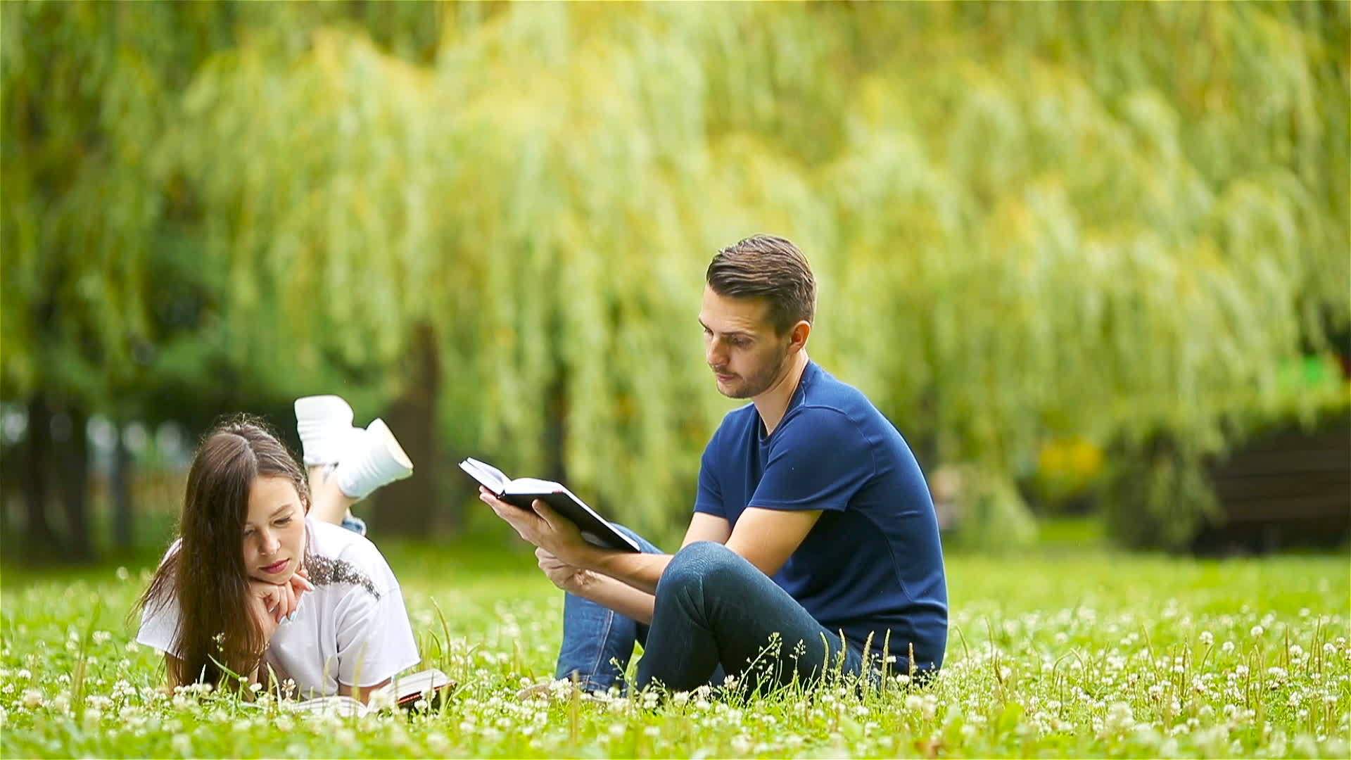 年轻轻松的夫妇躺在草地上看书视频的预览图