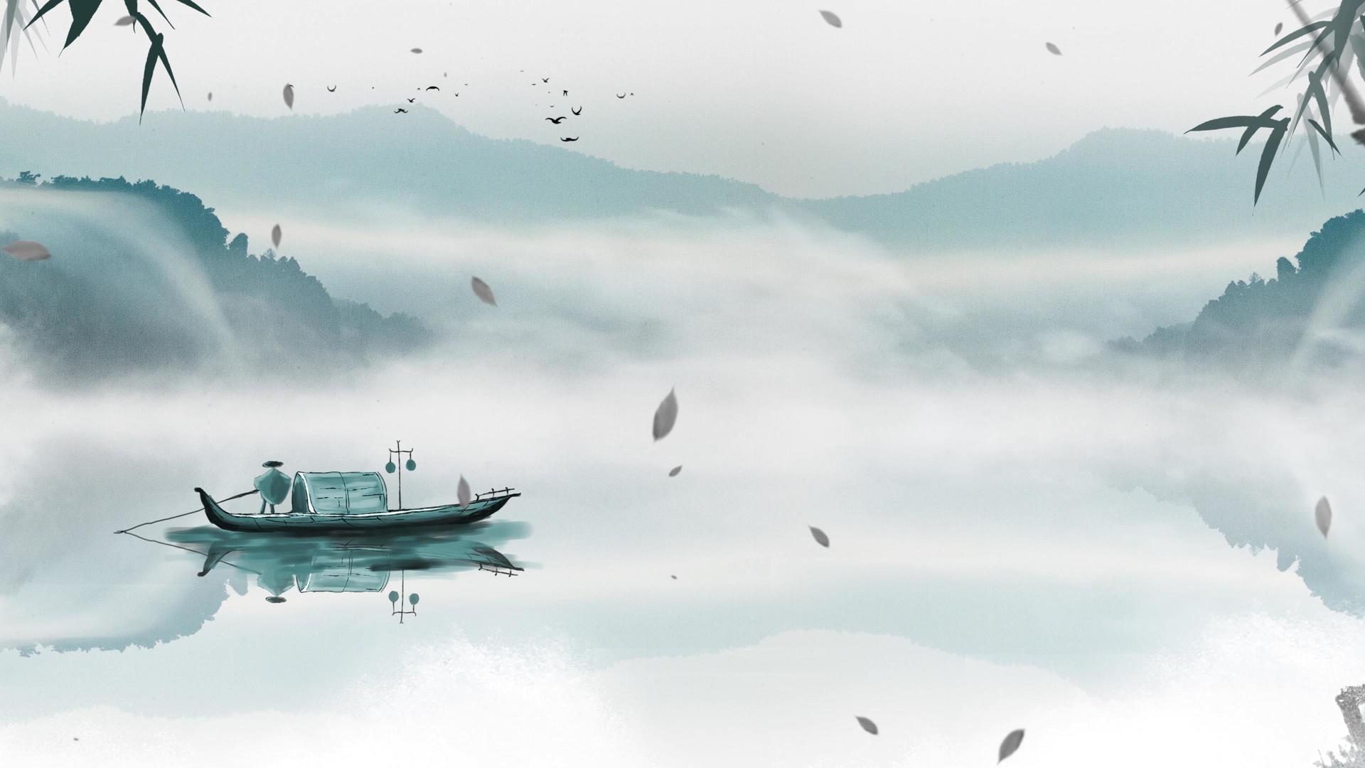 4K水墨中国风渔船唱晚背景视频视频的预览图
