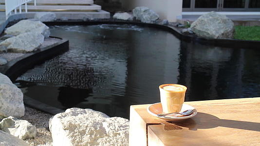 清晨一杯咖啡被绿色和寒冷包围视频的预览图