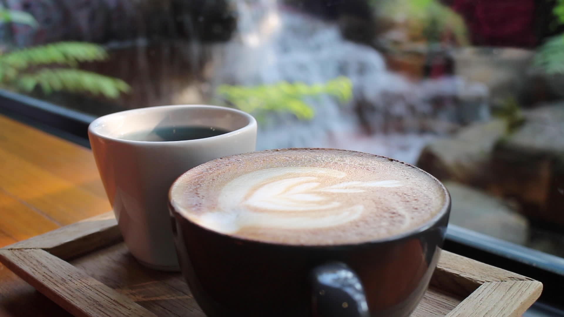 早上在瀑布花园的风景中一杯咖啡拿铁视频的预览图