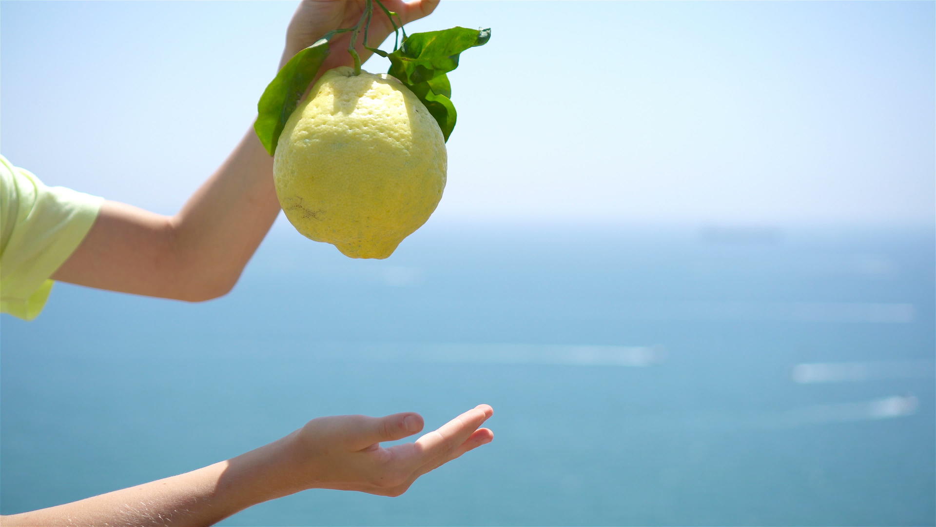 在地中海和天空的背景下手里拿着大黄柠檬视频的预览图
