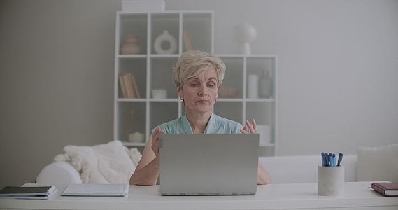 老年妇女坐在家里在网上用笔记本电脑聊天视频的预览图
