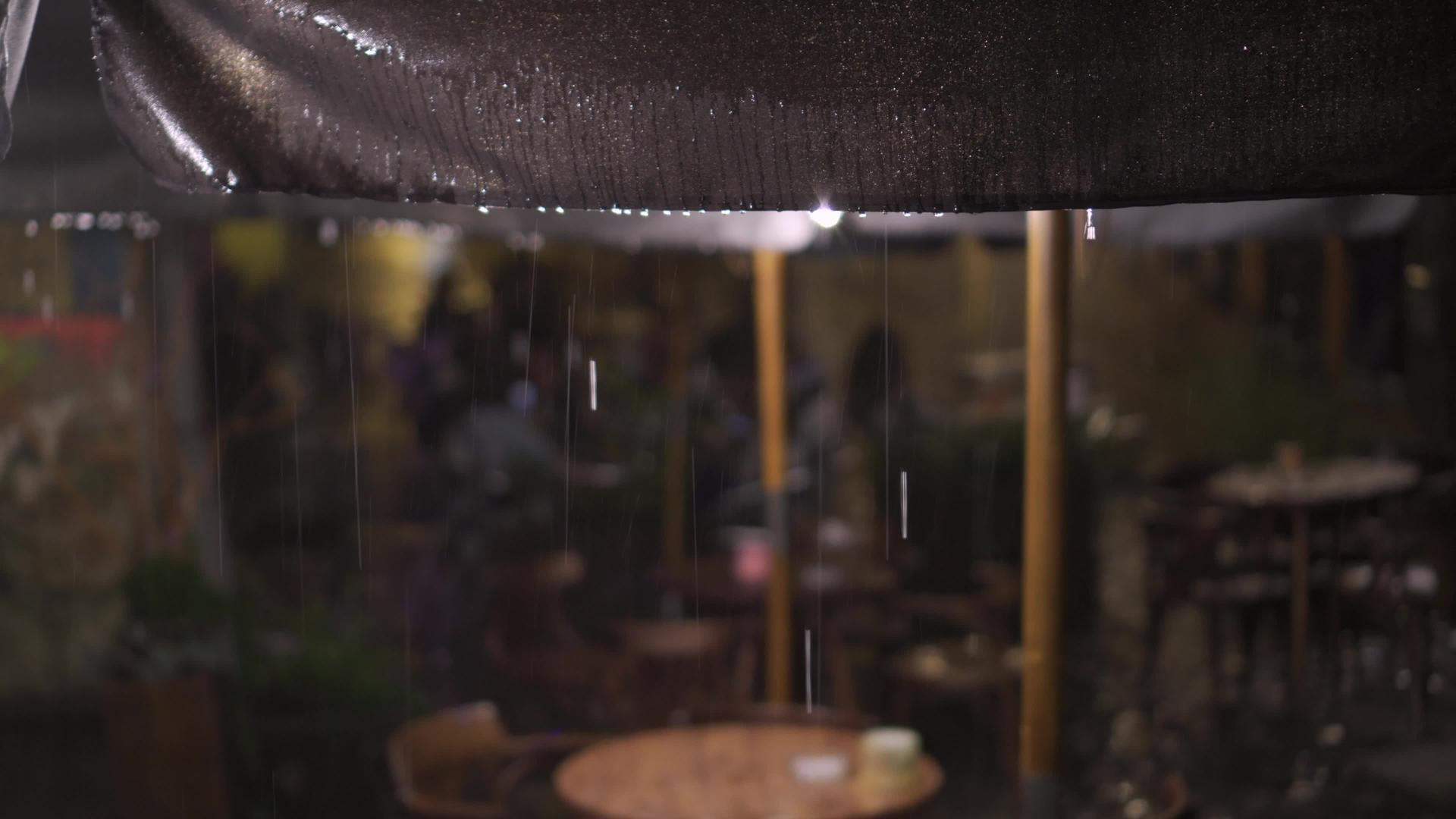 在一个雨夜的夜晚咖啡馆里潮湿的树冠在倾盆大雨中视频的预览图