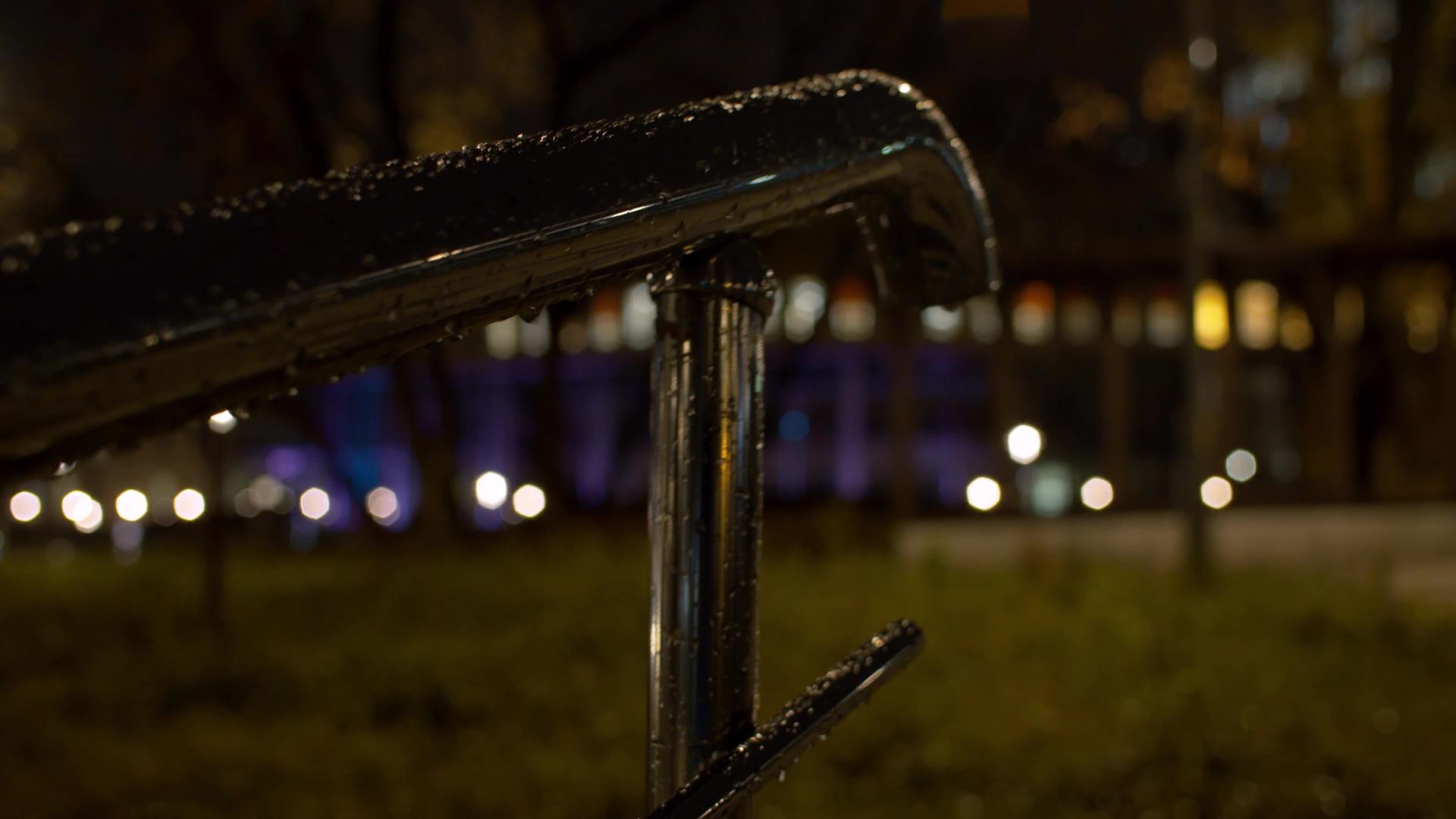 秋天公园金属栏杆上的雨滴视频的预览图