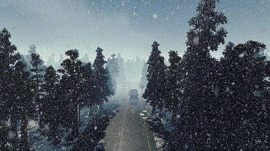 冬天 当森林道路被雾覆盖时 4000辆汽车在雪地里行驶视频的预览图