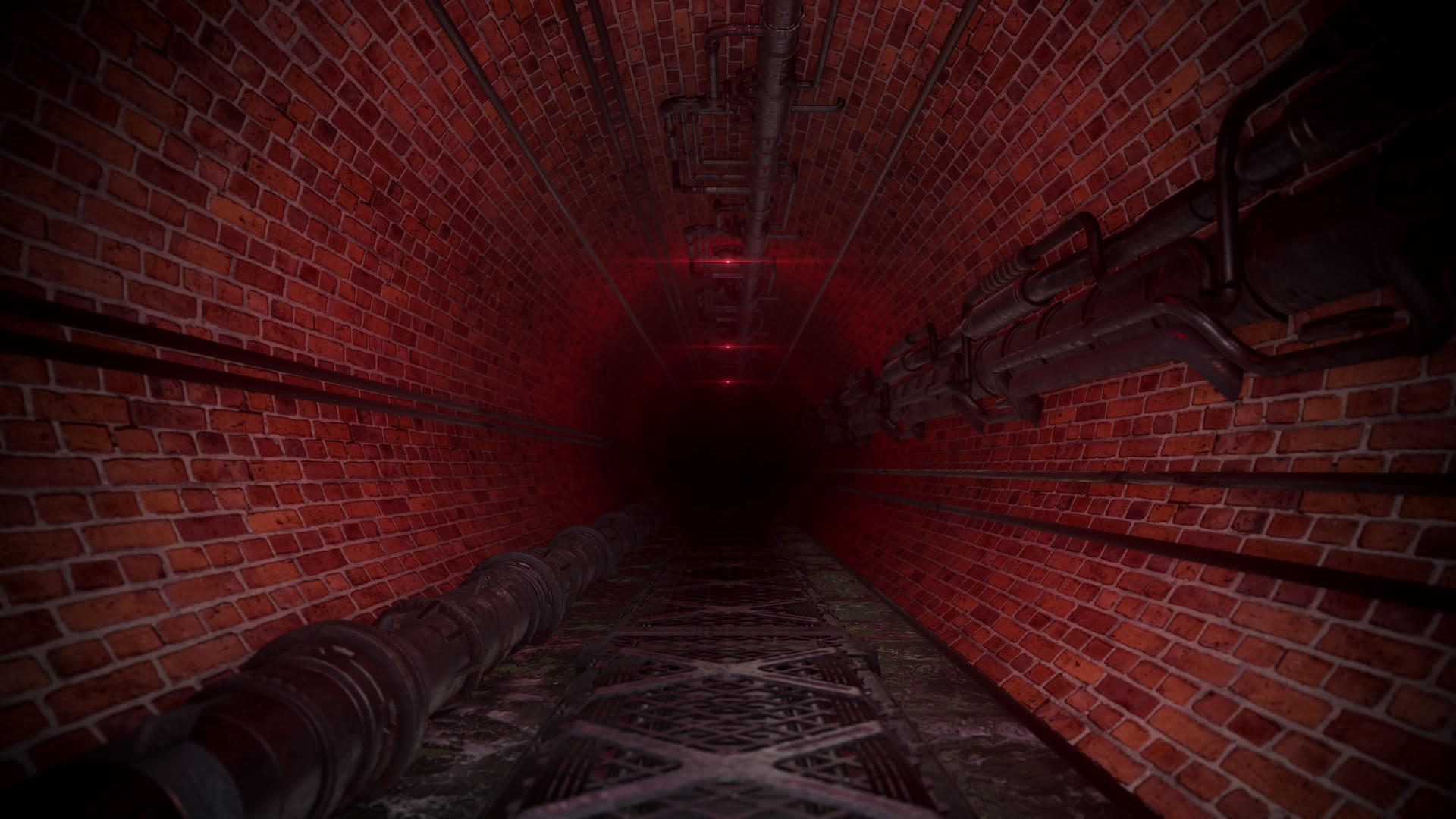 令人毛骨悚然的砖工业下水道隧道红灯视频的预览图