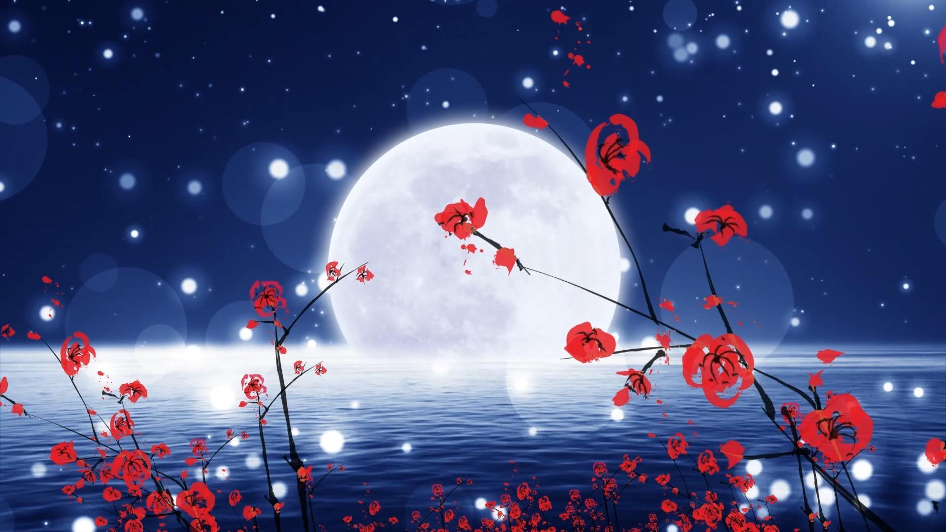 动态大气湖面月光花朵舞台背景视频元素视频的预览图