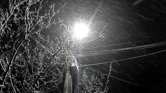 夜间自然降雪背景街道有光背斜线视频的预览图