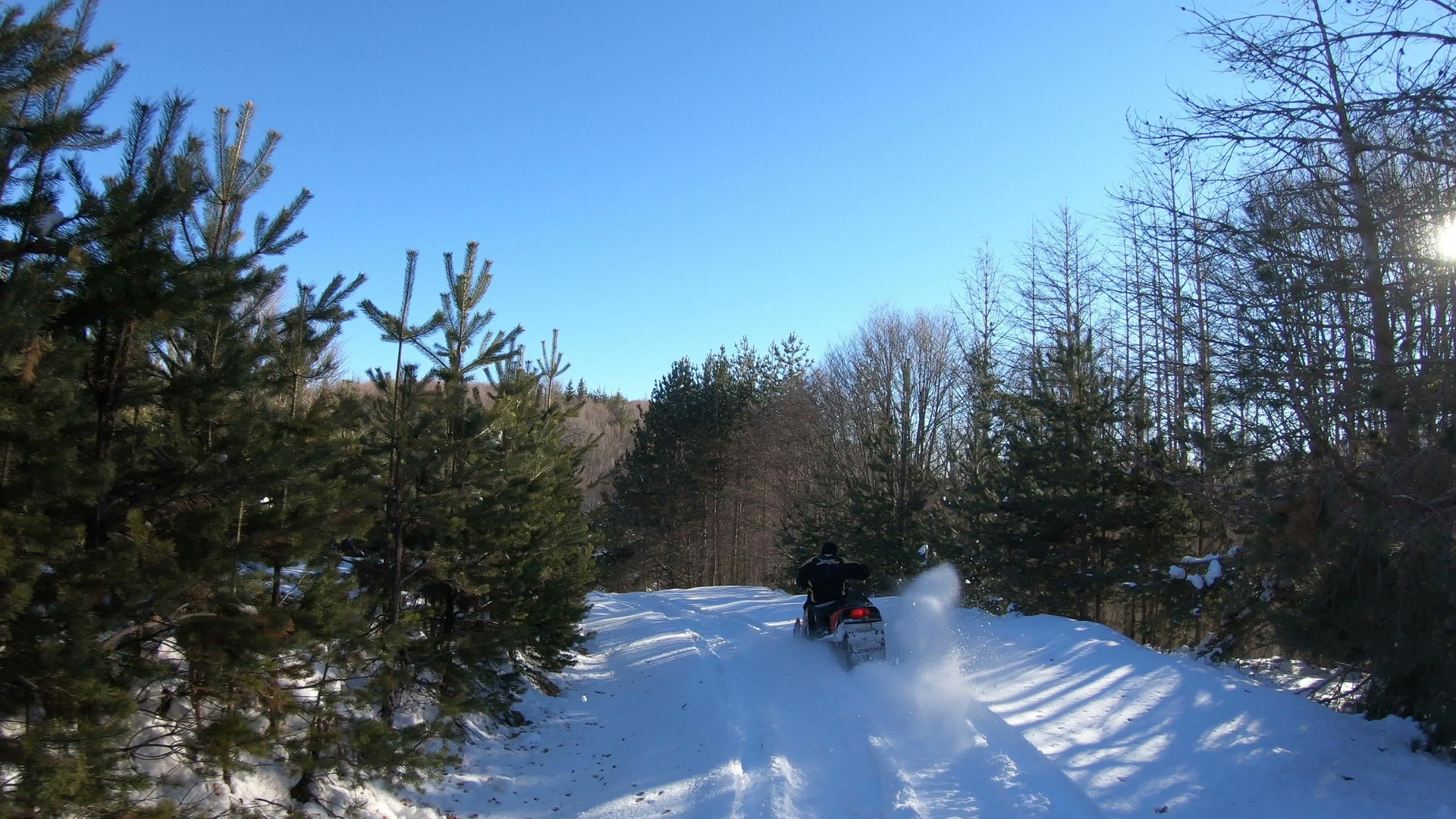 在美丽的冬天在森林深雪中一个年轻人在雪地里开车视频的预览图