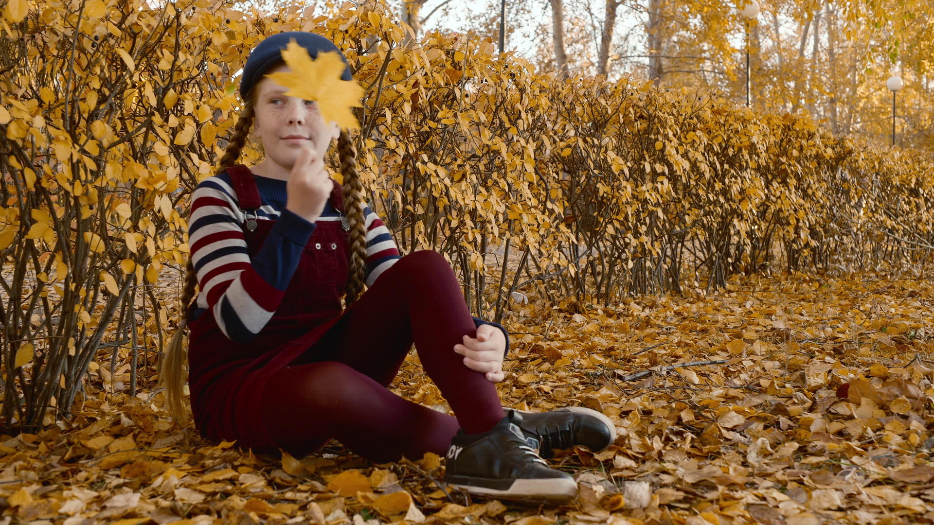 戴帽子的女孩坐在秋天公园的黄叶上美丽的女孩在秋天视频的预览图