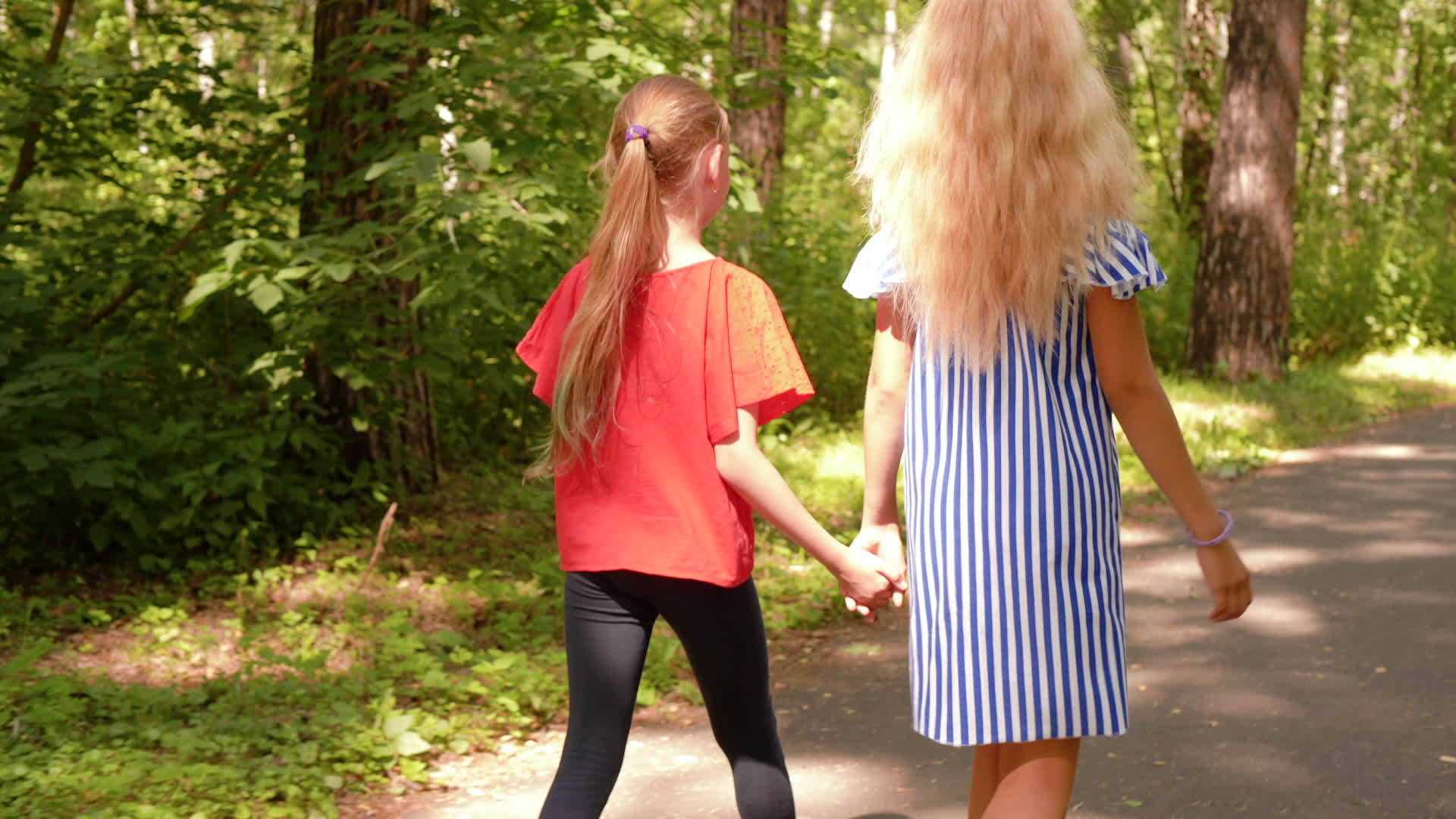 十几岁的女友手牵手走在夏日公园的后面两个女孩在视频的预览图