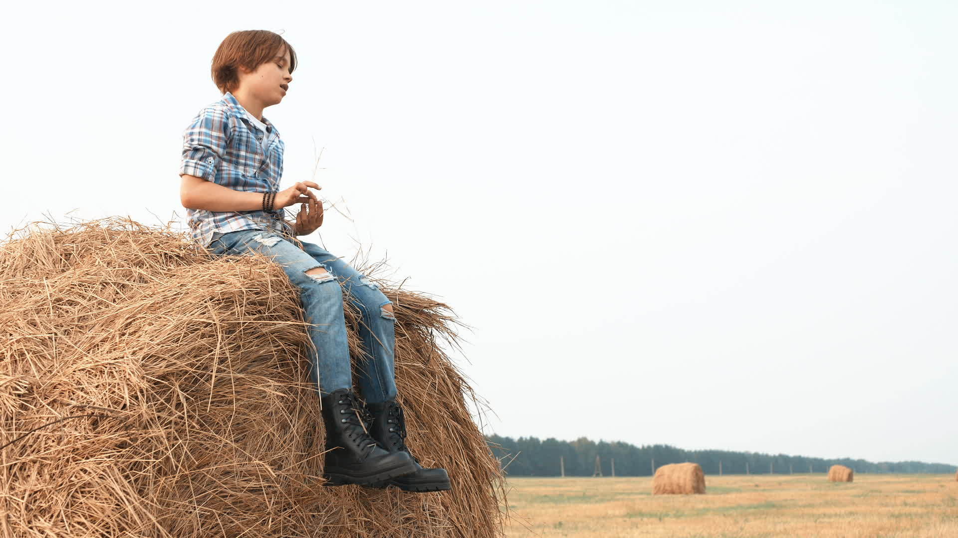 少年男孩坐在干草堆上聊天和尖叫视频的预览图