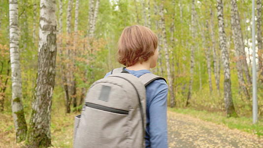 十几岁的男孩背着背包走在秋天公园的小路上秋季假期在秋季视频的预览图