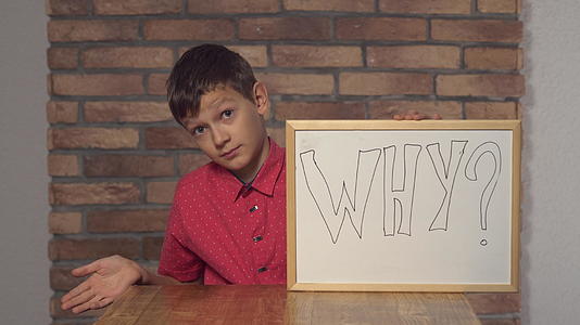 孩子坐在桌子上用翻页的图片写着为什么在红砖墙的背面视频的预览图