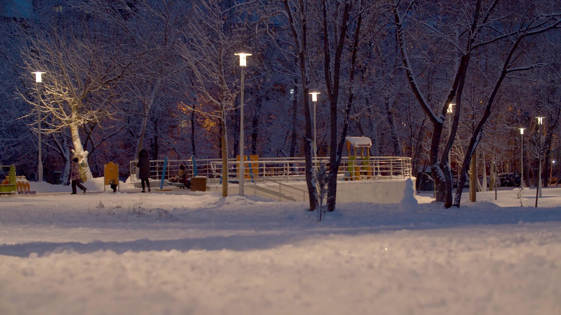 人们在公园里走来走去下雪后又下雪视频的预览图
